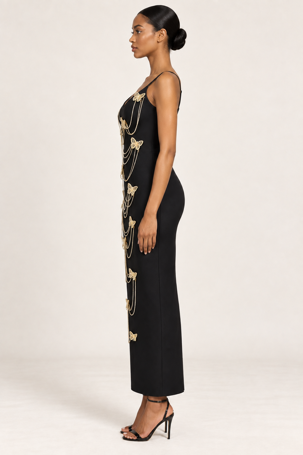 Aurélie Gold Butterfly Maxi Dress in black, side view