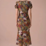 Autumn Muse Floral Twist-Front Midi Dress, back view showing the fitted waist and softly flared midi hem