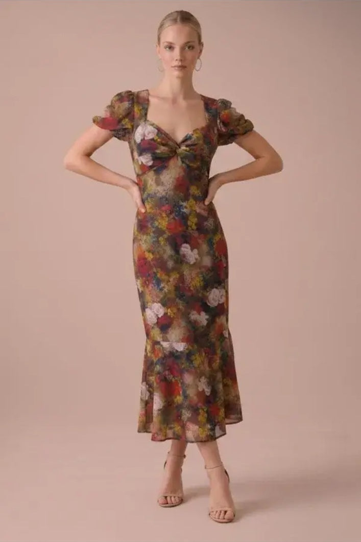 Autumn Muse Floral Twist-Front Midi Dress in multicolor floral, front view with puff sleeves and flared hem