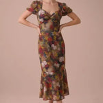 Autumn Muse Floral Twist-Front Midi Dress in multicolor floral, front view with puff sleeves and flared hem