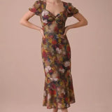Autumn Muse Floral Twist-Front Midi Dress in multicolor floral, front view with puff sleeves and flared hem