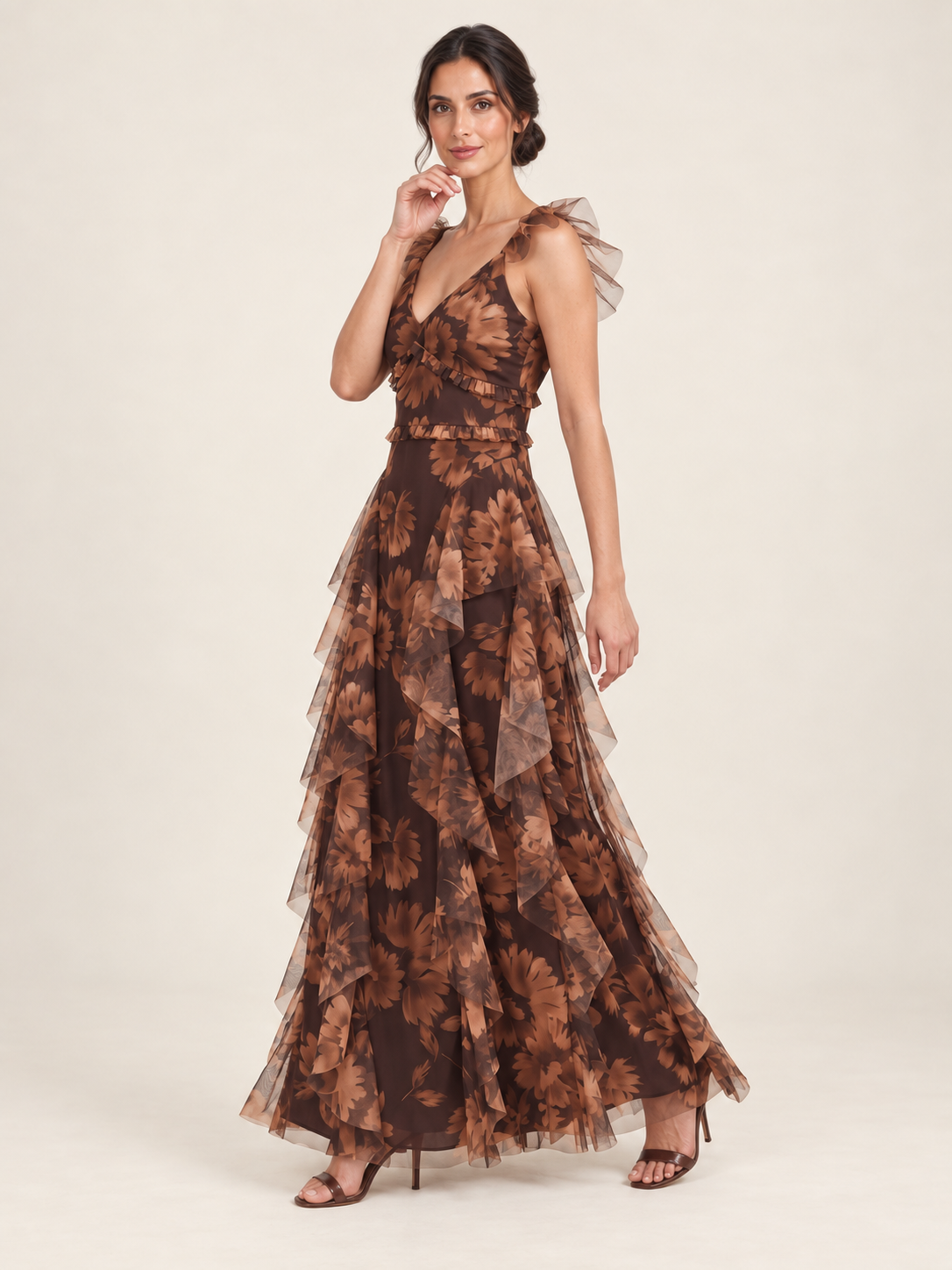 Autumn Reverie Ruffle Tulle Maxi Dress – angled view with butterfly sleeves