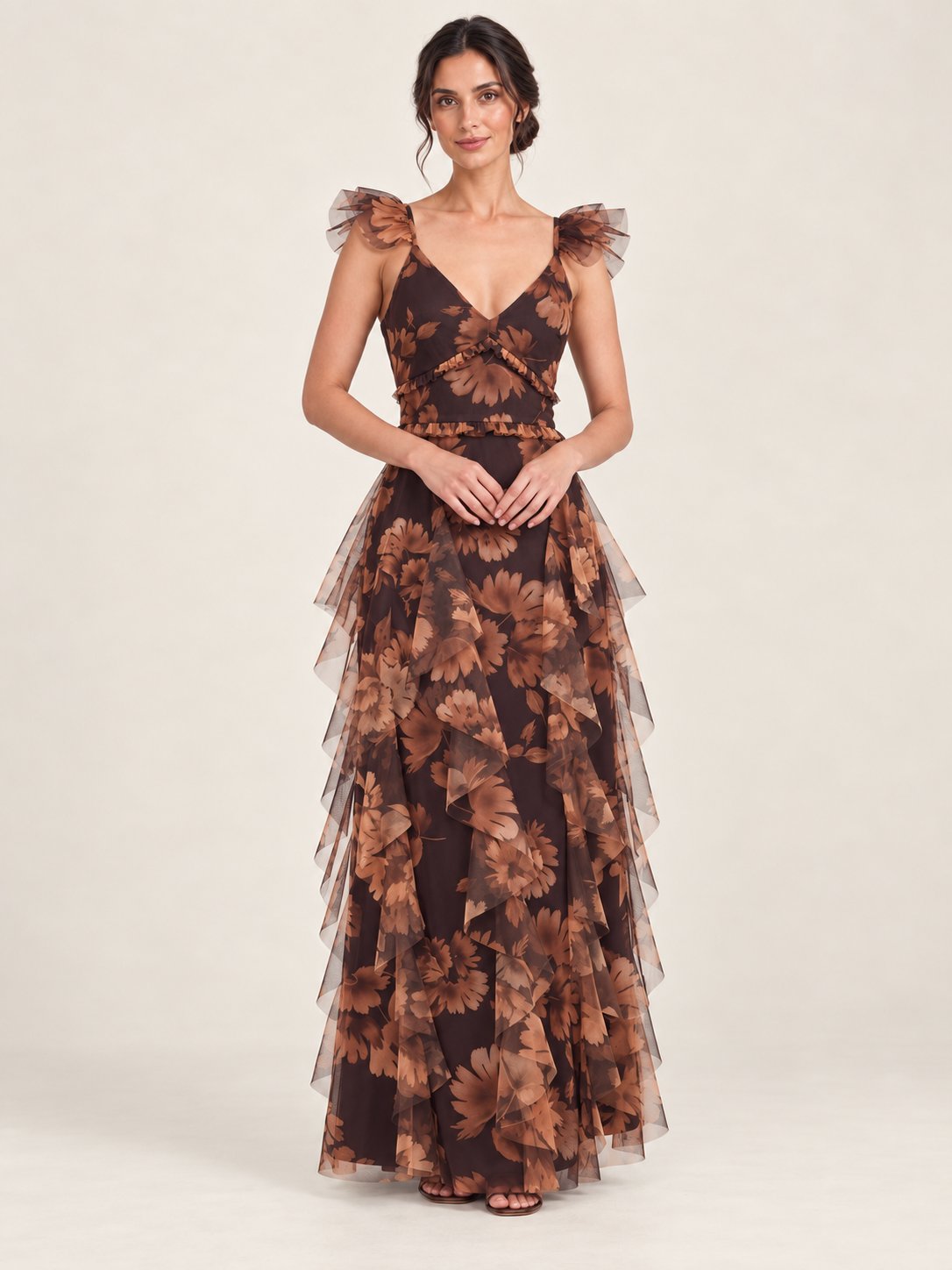 Autumn Reverie Ruffle Tulle Maxi Dress – front view with butterfly ruffle sleeves