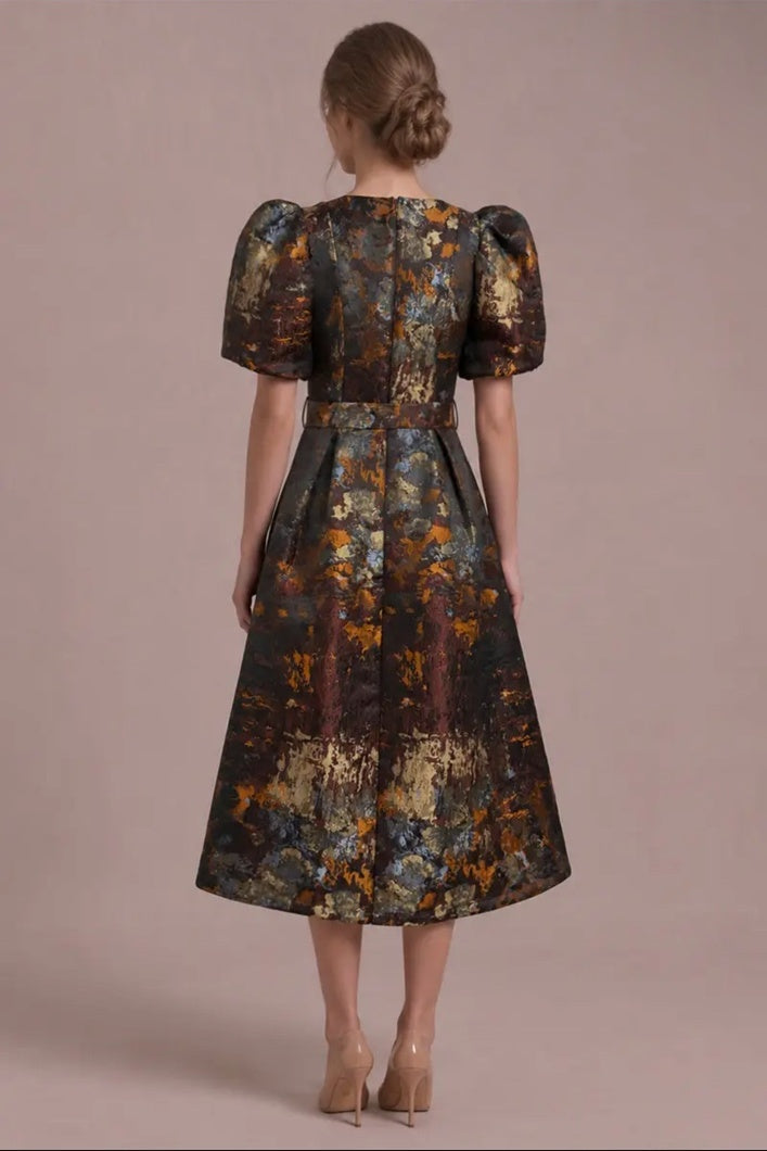 Autumn Reverie Jacquard Midi Dress — Back view showing the puff sleeves, fitted waist and full A-line midi skirt