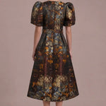 Autumn Reverie Jacquard Midi Dress — Back view showing the puff sleeves, fitted waist and full A-line midi skirt