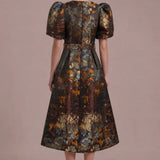 Autumn Reverie Jacquard Midi Dress — Back view showing the puff sleeves, fitted waist and full A-line midi skirt
