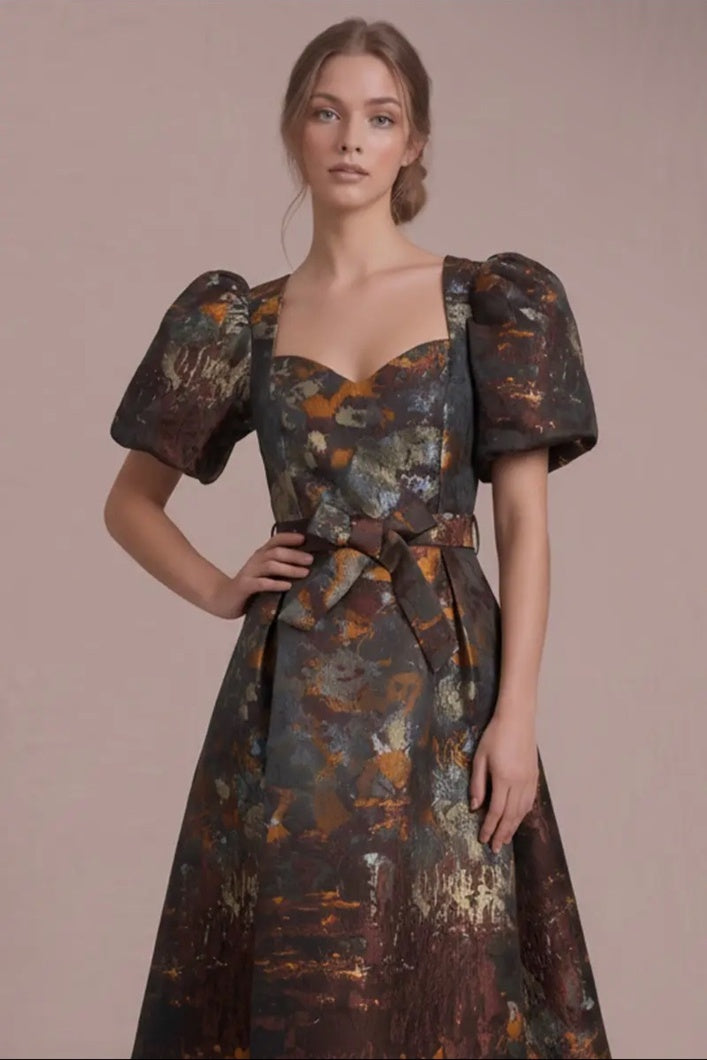Autumn Reverie Jacquard Midi Dress — Close-up of the sweetheart neckline, puff sleeves and textured brown multi jacquard