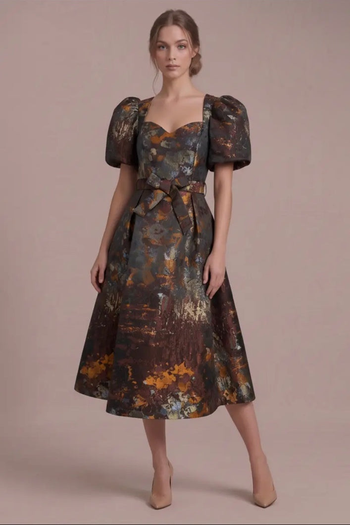 Autumn Reverie Jacquard Midi Dress — Full front view of the brown multi jacquard midi dress with matching waist tie
