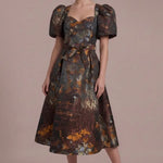 Autumn Reverie Jacquard Midi Dress — Full front view of the brown multi jacquard midi dress with matching waist tie