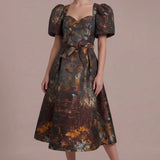 Autumn Reverie Jacquard Midi Dress — Full front view of the brown multi jacquard midi dress with matching waist tie