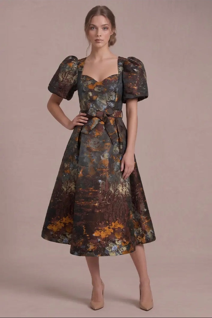 Autumn Reverie Jacquard Midi Dress in brown multi with sweetheart neckline, puff sleeves and waist tie — front view