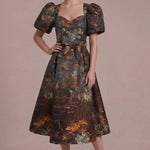 Autumn Reverie Jacquard Midi Dress in brown multi with sweetheart neckline, puff sleeves and waist tie — front view