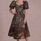 Autumn Reverie Jacquard Midi Dress in brown multi with sweetheart neckline, puff sleeves and waist tie — front view