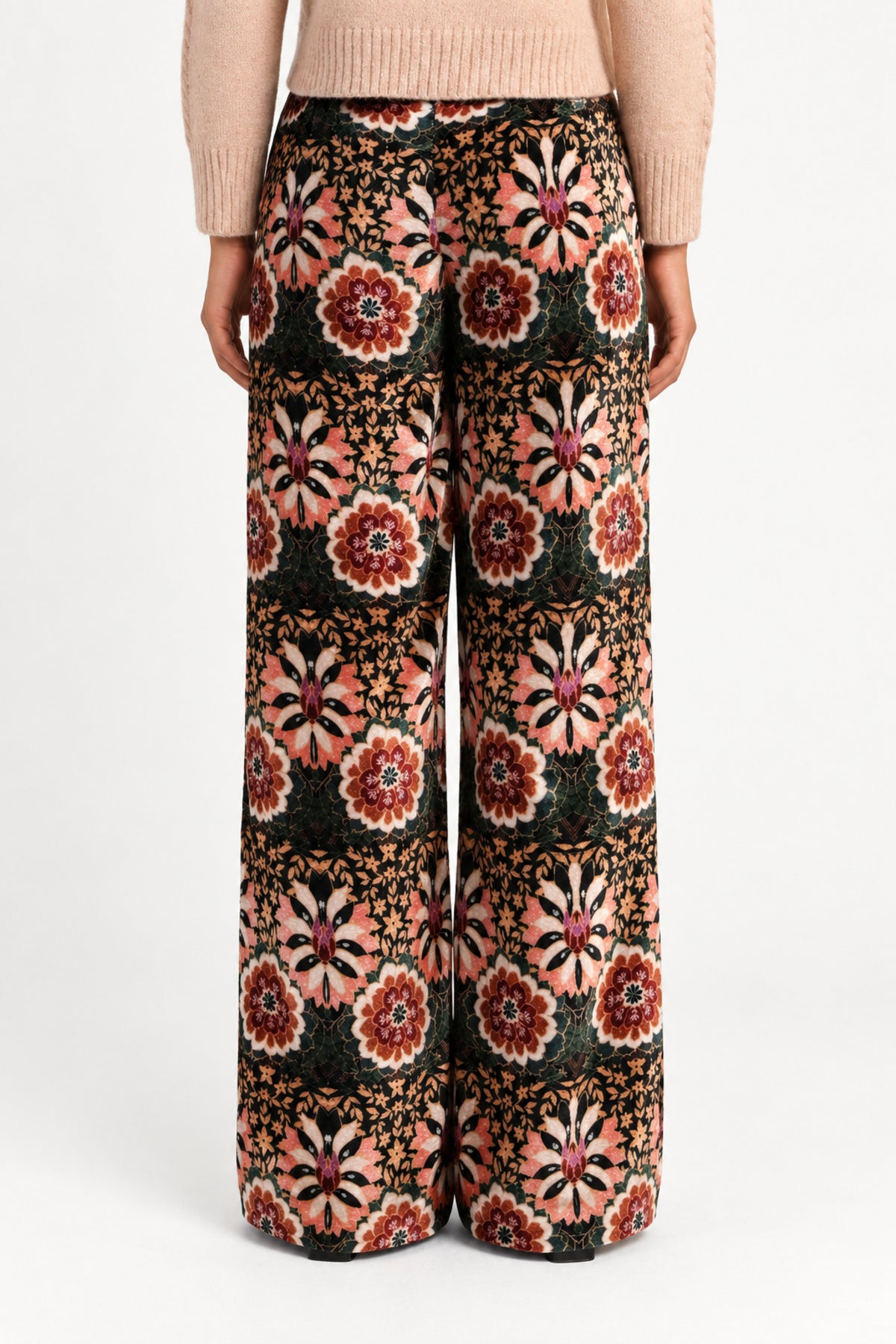 Aveline Doriala Multi floral velvet pants, back view on model