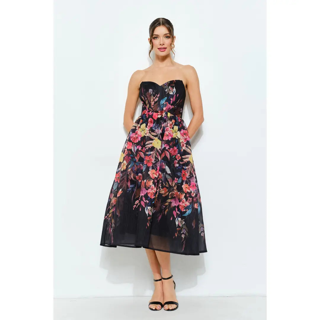 Midnight Bloom Strapless Midi Dress