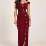 Bordeaux Allure burgundy gold-clasp gown, generated front studio view