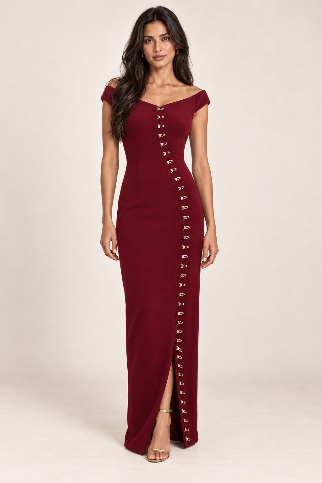 Bordeaux Allure burgundy gold-clasp gown, generated front studio view