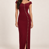 Bordeaux Allure burgundy gold-clasp gown, generated front studio view