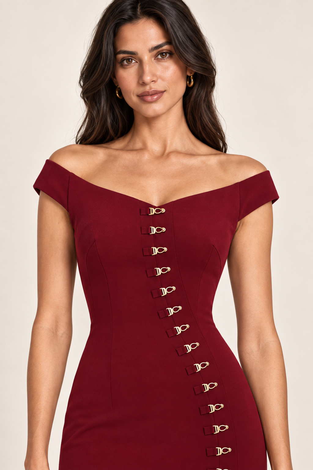 Bordeaux Allure off-shoulder neckline and gold clasp detail, generated close-up