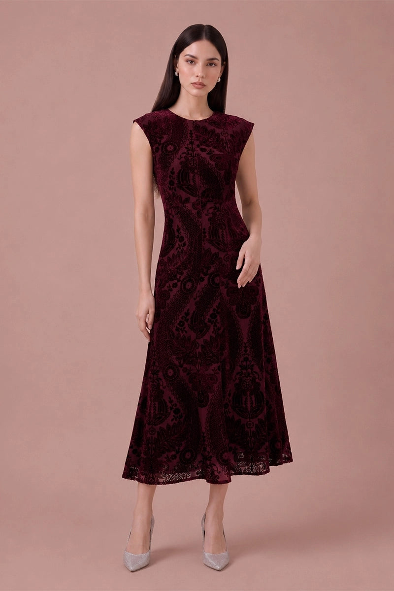 Bordeaux Tapestry burgundy flocked velvet midi dress, front view