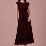 Bordeaux Tapestry burgundy flocked velvet midi dress, front view