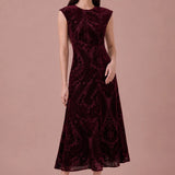 Bordeaux Tapestry burgundy flocked velvet midi dress, front view
