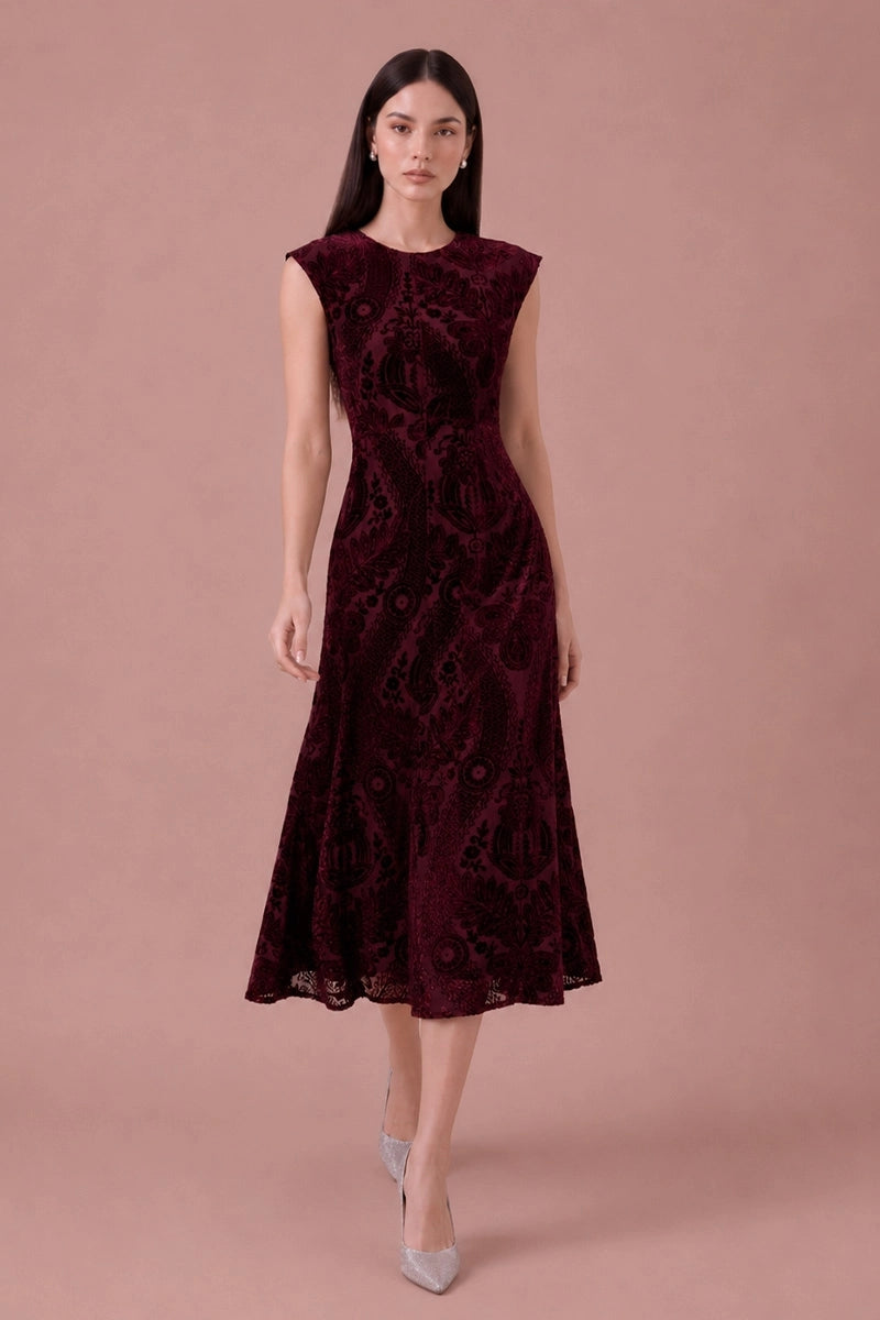 Bordeaux Tapestry burgundy flocked velvet midi dress, walking front view