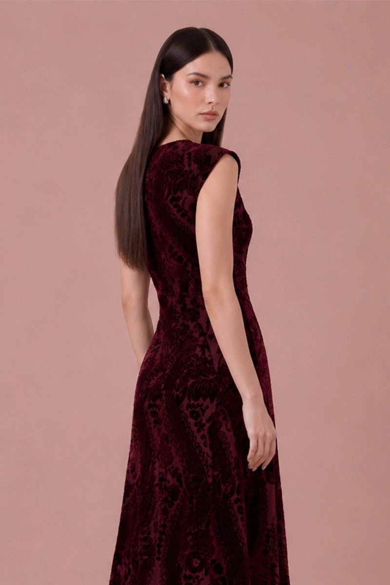 Bordeaux Tapestry burgundy flocked velvet midi dress, back detail view