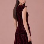 Bordeaux Tapestry burgundy flocked velvet midi dress, back detail view