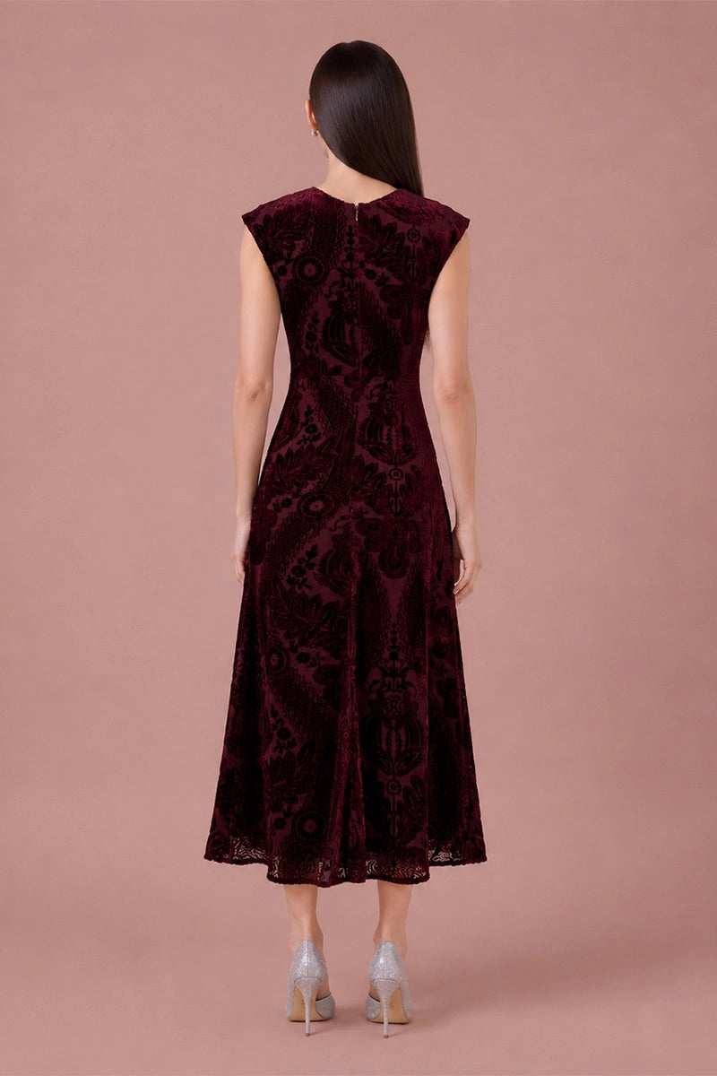 Bordeaux Tapestry burgundy flocked velvet midi dress, full back view
