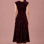 Bordeaux Tapestry burgundy flocked velvet midi dress, full back view