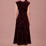 Bordeaux Tapestry burgundy flocked velvet midi dress, full back view