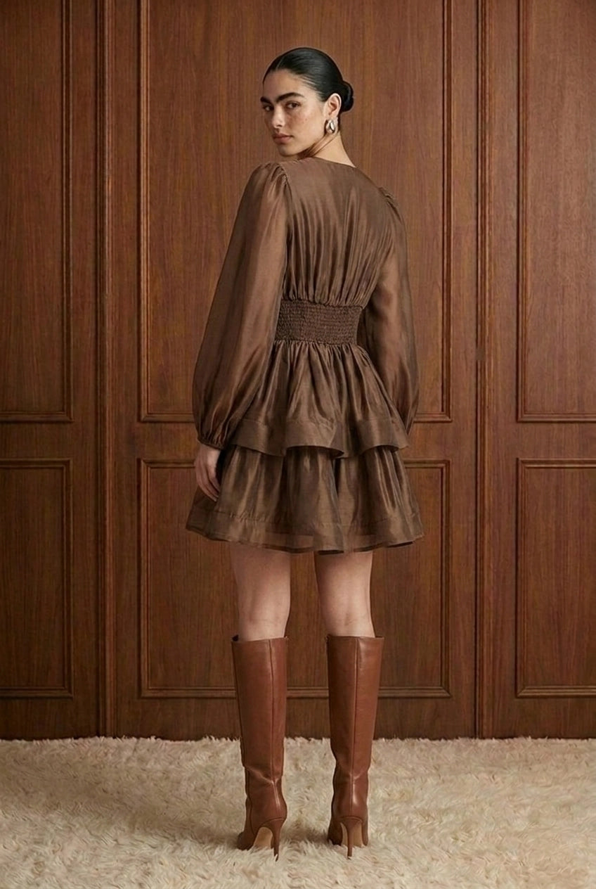 Café Arabesque Tiered Mini Dress in Coffee — back view