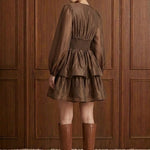 Café Arabesque Tiered Mini Dress in Coffee — back view