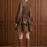 Café Arabesque Tiered Mini Dress in Coffee — back view