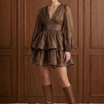 Café Arabesque Tiered Mini Dress in Coffee — front view