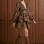 Café Arabesque Tiered Mini Dress in Coffee — movement view