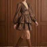 Café Arabesque Tiered Mini Dress in Coffee — movement view