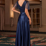 Ladivine CC447 Flutter Sleeves V-Neckline A-Line Satin Evening Gown