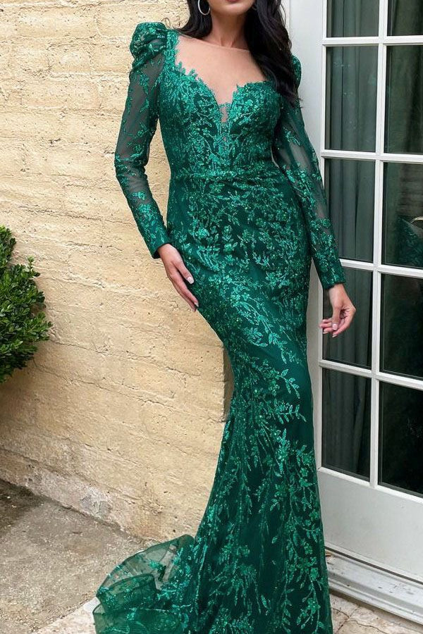 Ladivine CD989 Floor Length Glitter Print Dress with Long Sleeves