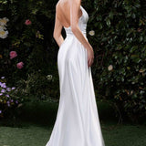 Ladivine CH079 Floor Length Fitted Halter Satin Gown Leg Slit Side Sash