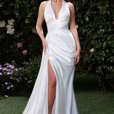 Ladivine CH079 Floor Length Fitted Halter Satin Gown Leg Slit Side Sash