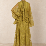 Chartreuse Reverie Lace Cape Maxi Dress — back view