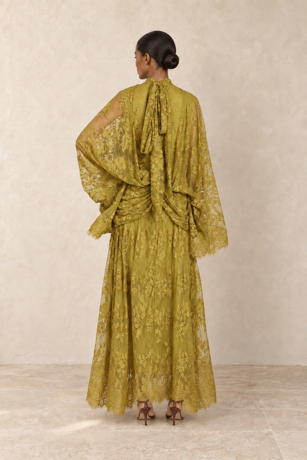 Chartreuse Reverie Lace Cape Maxi Dress — back view