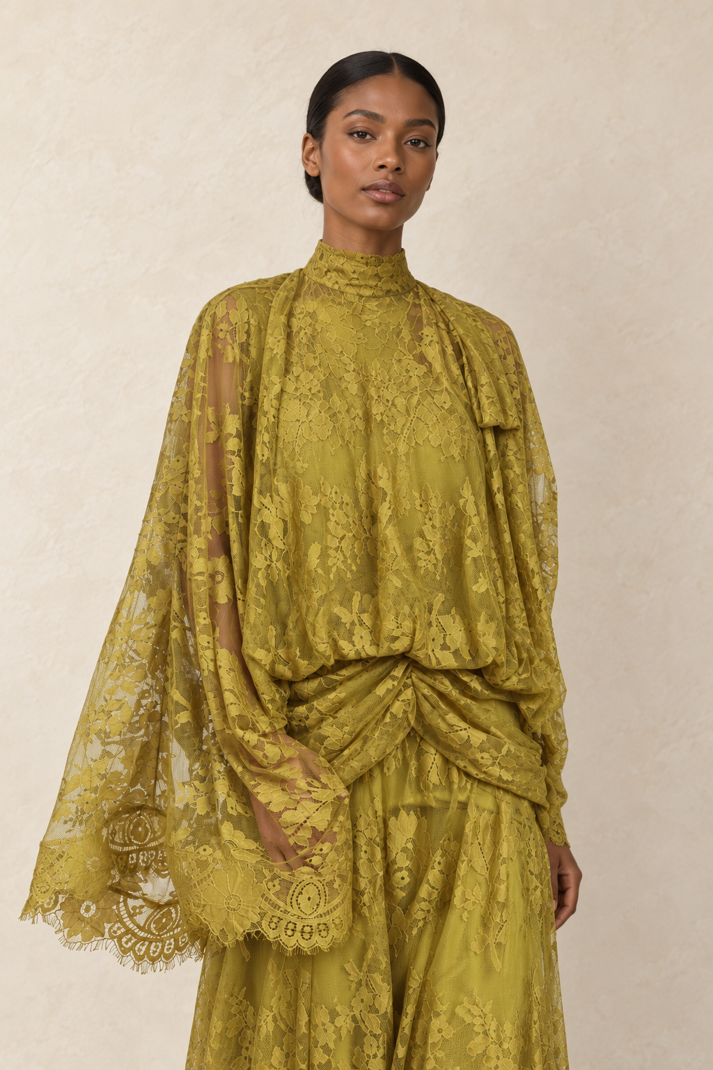 Chartreuse Reverie Lace Cape Maxi Dress — detail view