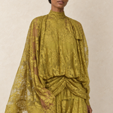 Chartreuse Reverie Lace Cape Maxi Dress — detail view