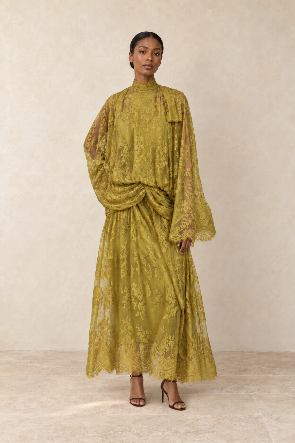 Chartreuse Reverie Lace Cape Maxi Dress — front view