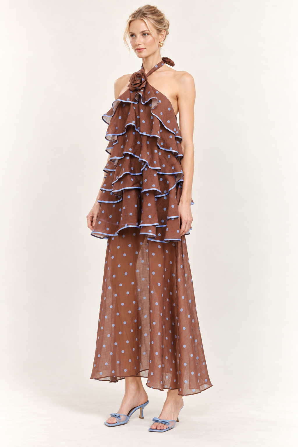 Ciel Rosette Polka Dot Ruffle Midi Dress — angle view
