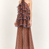 Ciel Rosette Polka Dot Ruffle Midi Dress — angle view