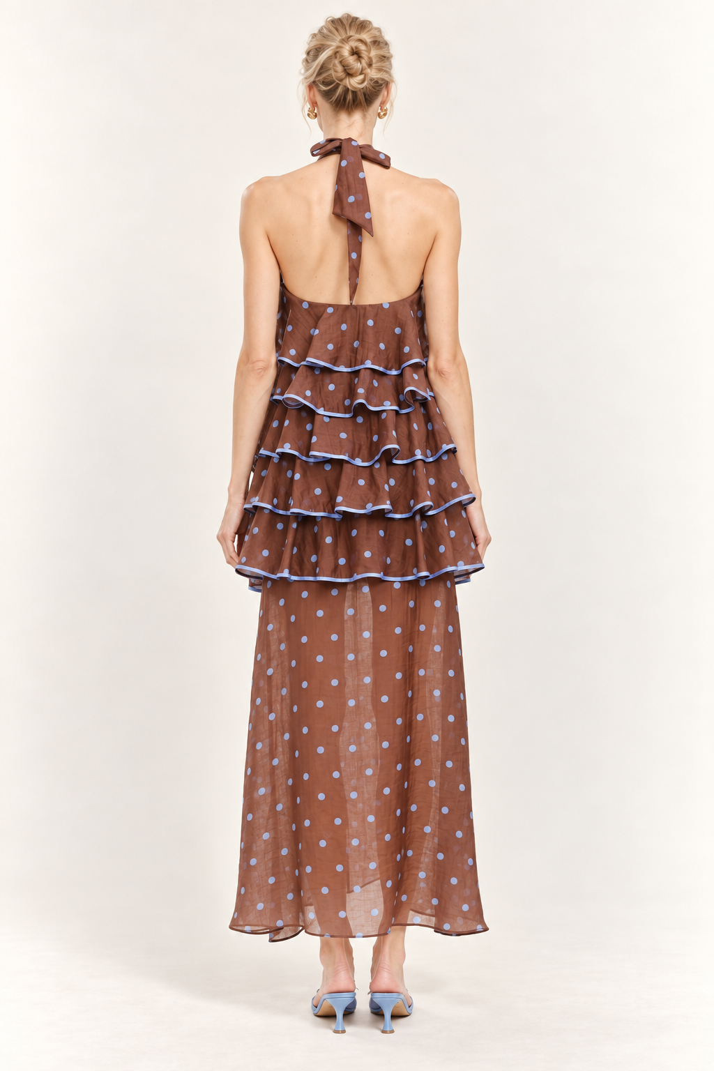 Ciel Rosette Polka Dot Ruffle Midi Dress — back view
